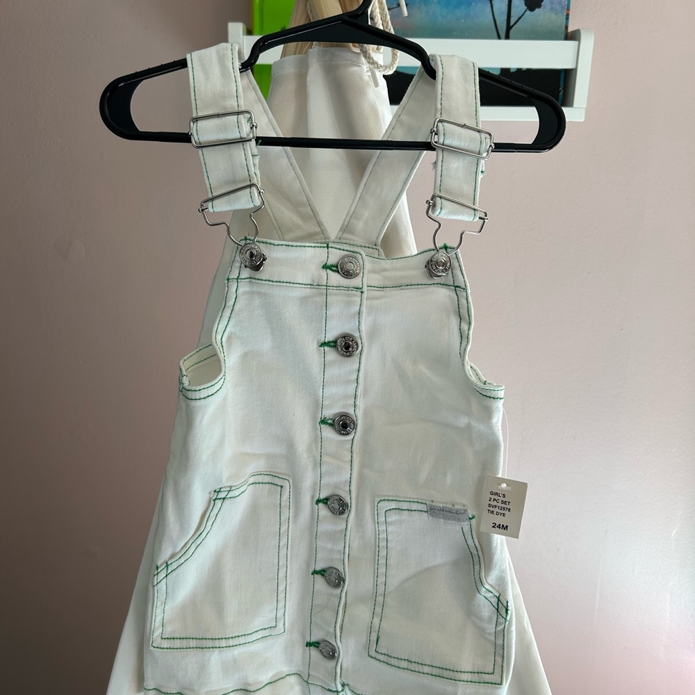 7 For All Mankind White Overalls with Green Stitching